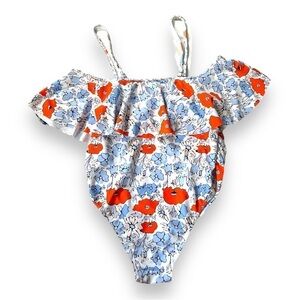 PatPat White Orange Poppy Floral Ruffle Cold Shoulder One Piece Swimsuit NWT